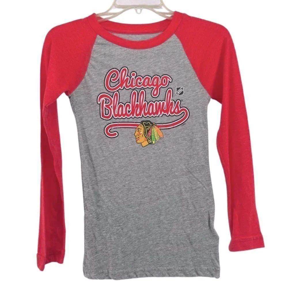 NHL Chicago Blackhawks Girls Gray Red Raglan Graphic T-Shirt Large 10/12 NWT